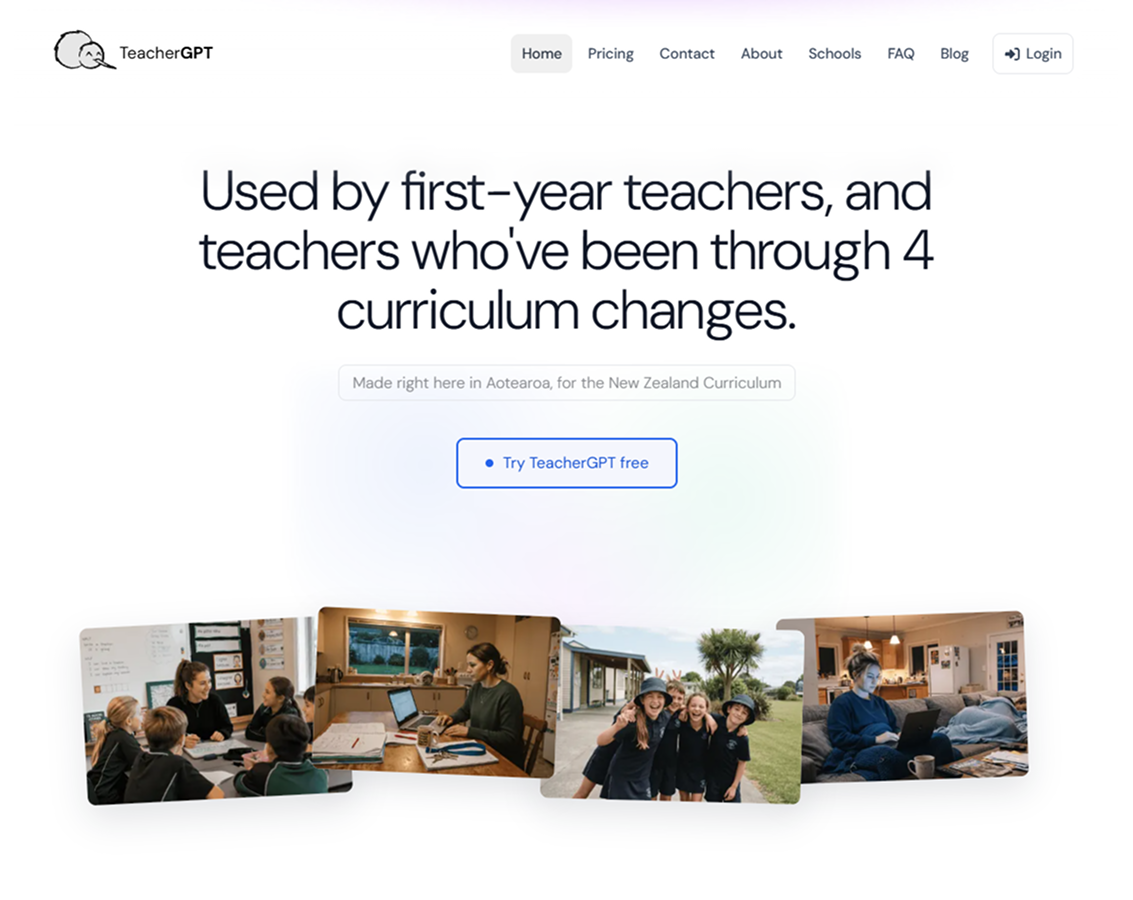 TeacherGPT homepage with its kiwi identity, introduction, and photographs of teachers.