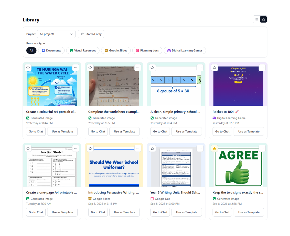 TeacherGPT library with filters and a grid of saved images, slides, documents, and games.