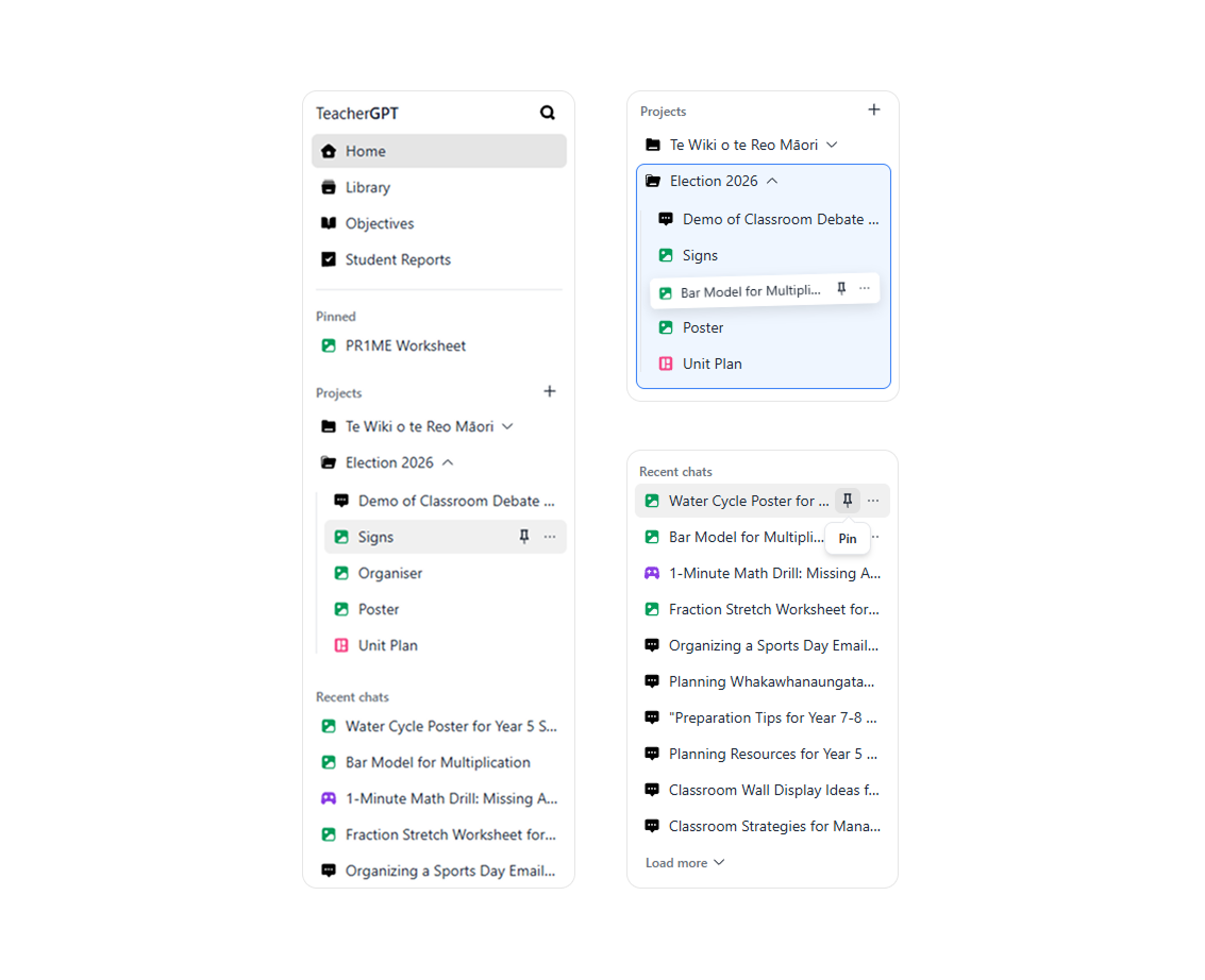 TeacherGPT sidebar showing pinned resources, expandable projects, and recent chats.